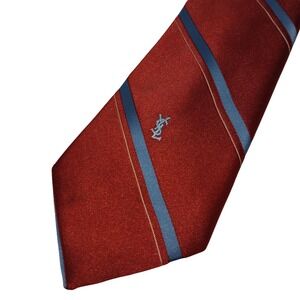Yves Saint Laurent Mens Silk Tie Burgundy Blue Silver Striped Logo Designer